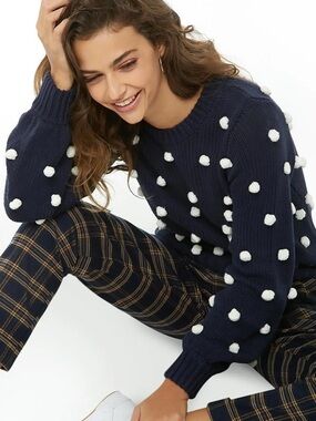 Navy Pom-Pom Crewneck Sweater